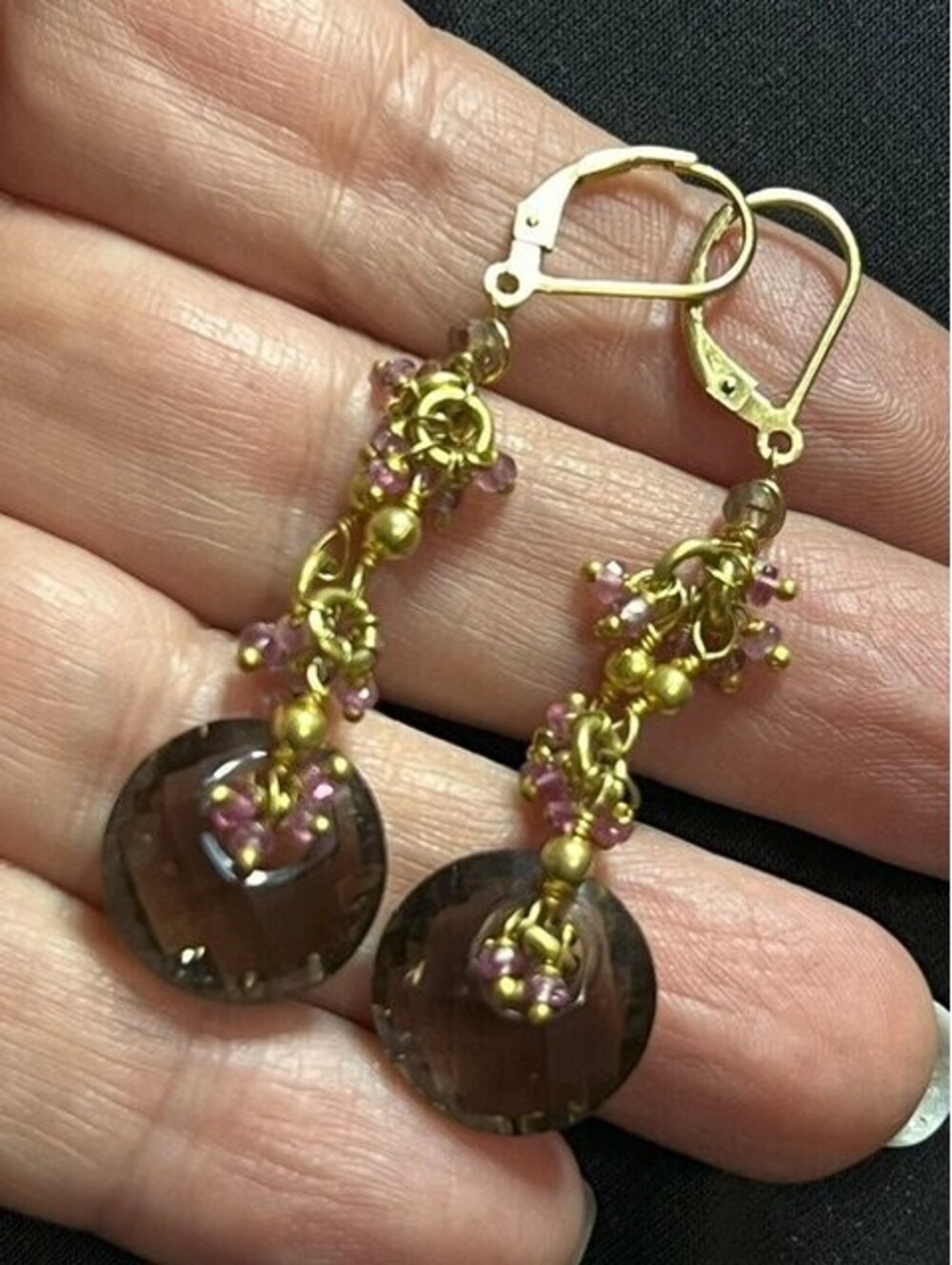 B7047 Smoky Quartz Dangle Earrings 14K Gold Filled Pink Gemstone Leverback 2.25"
